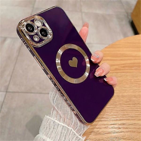 Kompatibelt magnetiskt telefonfodral för iPhone 14 6D Elektroplätering Kärlekshjärta Telefon TPU-skal Kompatibelt med MagSafe GS Purple