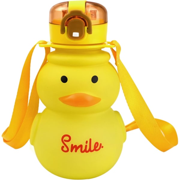 Kawaii Ankaformad Vattenflaska med Sugrör 650ml - Söt Vattenflaska med Läckagesäker Rem för Barn, Flickor, Pojkar, Skola, Resor, Sport GS