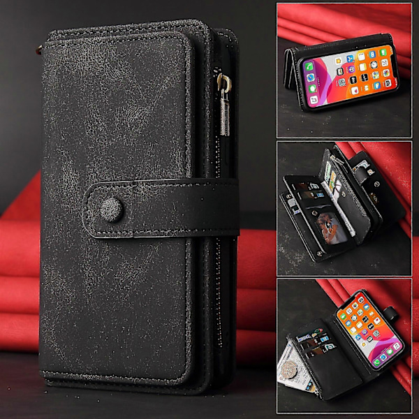 WXH Yhteensopiva Samsung Galaxy A52 5G/A52S PU-nahkainen magneettisella sulkimella varustettu viidentoista korttipaikan vetoketjullinen puhelinkotelo Black