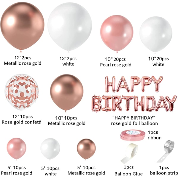 Födelsedagsdekorationer för kvinnor och flickor, roséguld ballongbåge girlang kit, HAPPY BIRTHDAY banderoll, 16:e 18:e 21:a 30:e 40:e 50:e GS