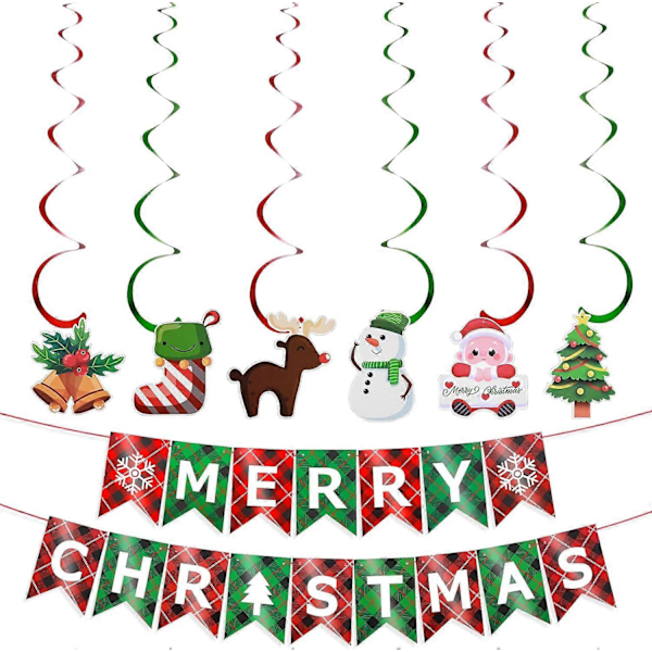 God Jul Banner, Röd Grön Rutig Julbanner med Spiralband Inomhus Julskyltar Jul