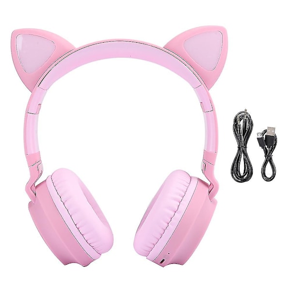 Bluetooth 5.0 Kattöron Hörlurar - Rosa, LED, Brusreducering, Stöd för Minneskort