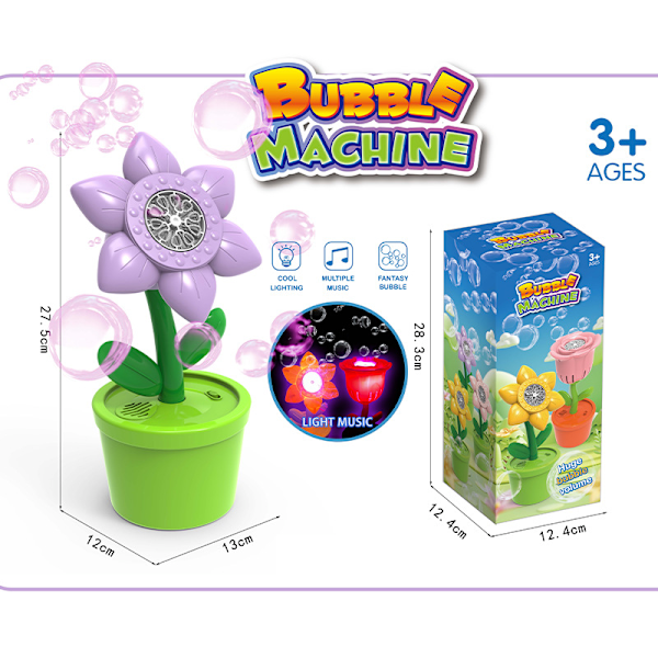 Automatisk Bubbelmaskin med Ljus och Musik, Solros Bubbelblåsare Leksaker för Barn med Bubbelvätska för Fest Bröllop Trädgård Utomhus Purple