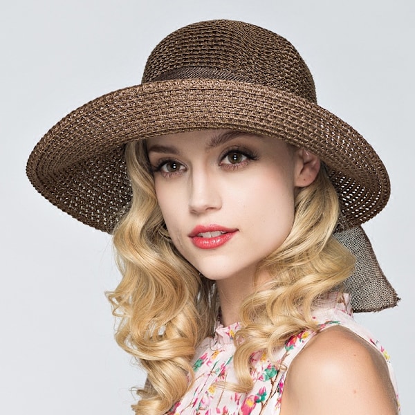 Dam solhatt stråhatt sommar UV-skydd rese hopfällbar bredbrättad hinkhatt vintage cloche strand fiskarhatt GS coffee