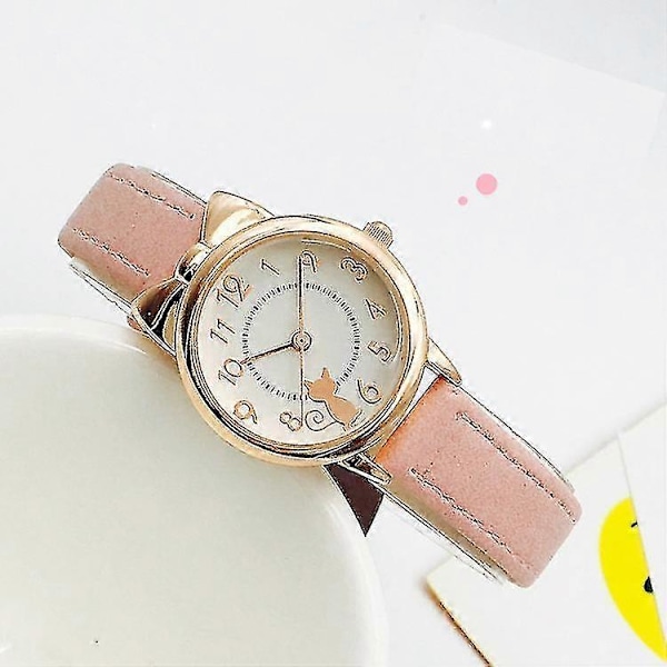 Barnklockor Söt Kattdesign Kvarts Armbandsur Läderrem Analog Kvarts Armbandsur För Flickor Studenter GS