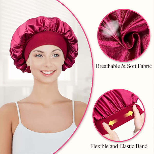 2-pack Sovmössa Satin Bonnet Natthuva Justerbar Sovmössa Huvudbonad Mjuk Huvudmössa Siden med Elastiskt Band för Kvinnor och Flickor (Svart, Röd)