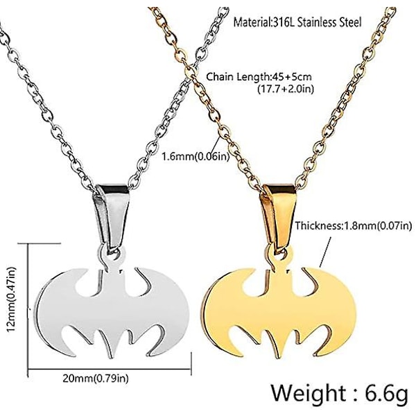 Fladdermushänge Halsband Kirurgiskt Rostfritt Stål Allergivänligt Superhjältehalsband för Barn och Batman-älskare GS Silver*gold