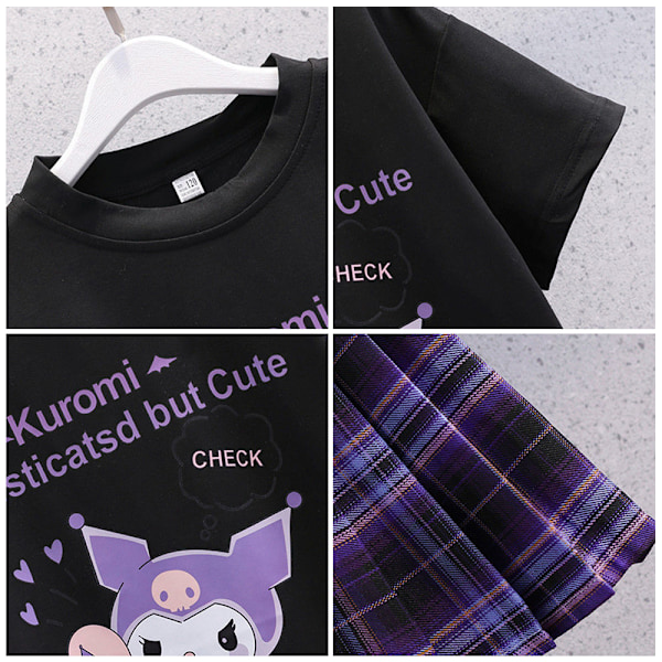 Kuromi Puku Lasten Tytöt Sanrio Sarjakuva T-paita Pliseerattu Hameet Setti Asu Mekko Musta GS Black 130cm
