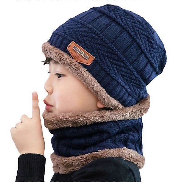 Barn Pojkar Flickor Fleecefodrad Mössa Cirkelscarf Set Stickad Mössa Navy