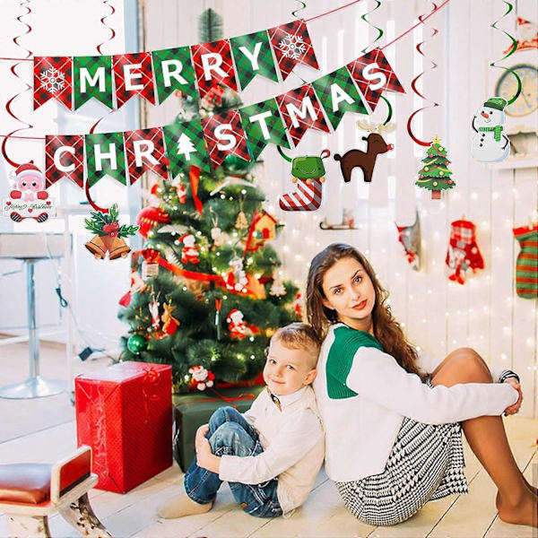 God Jul Banner, Röd Grön Rutig Julbanner med Spiralband Inomhus Julskyltar Jul