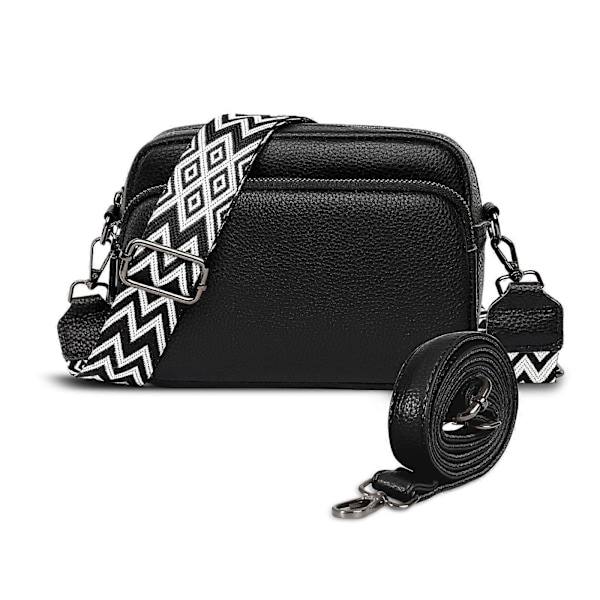 Axelväska i Läder Dam Svart Crossbody Väska Dam Bred Rem Liten Axelväska Dam med 2 Breda Axelremmar Crossbag Axelväska Dam GS
