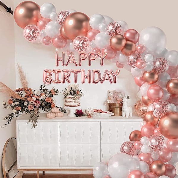Födelsedagsdekorationer för kvinnor och flickor, roséguld ballongbåge girlang kit, HAPPY BIRTHDAY banderoll, 16:e 18:e 21:a 30:e 40:e 50:e GS