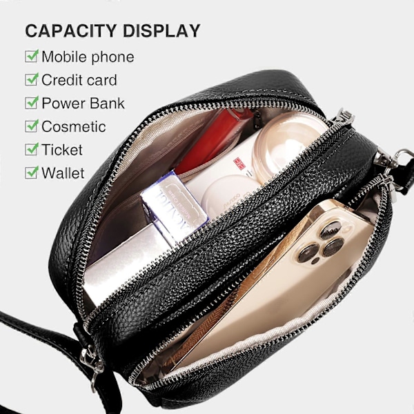 Axelväska i Läder Dam Svart Crossbody Väska Dam Bred Rem Liten Axelväska Dam med 2 Breda Axelremmar Crossbag Axelväska Dam GS