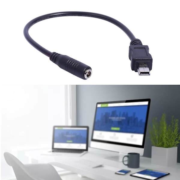 Mini USB 5-polig hane till 3,5x1,35 mm hona kabel, 20 cm lång, svart