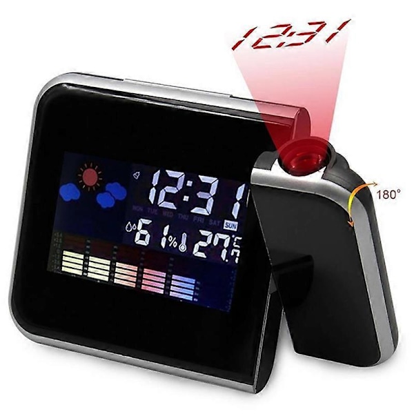 Kreativ Färg LCD Digital Projektions Väckarklocka Temperatur Termometer Luftfuktighet Hygrometer Skrivbord LED Tid Projektor Kalender Black