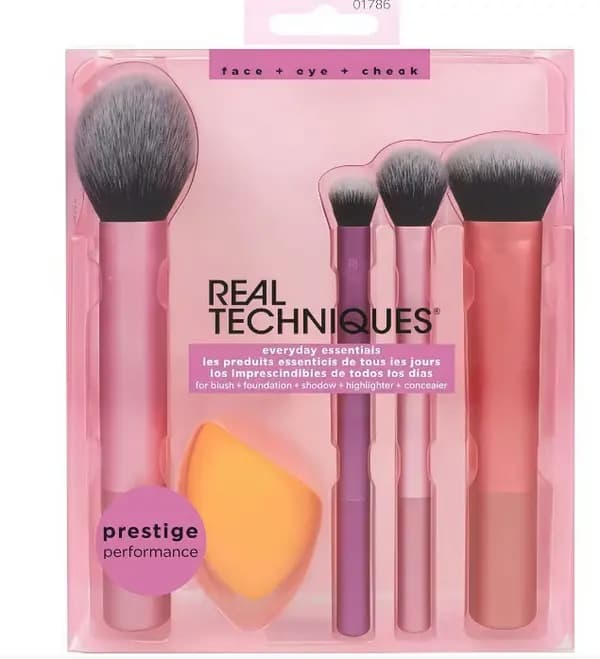 Bærbart makeupbørstesæt (makeupsvamp, ansigtsbørste, blushbørste, settingbørste og blendingbørste).
