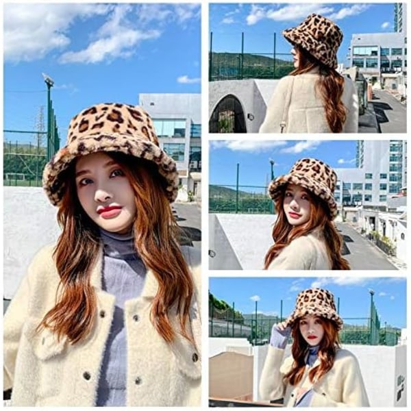 1 st Leopardprickig Daisy Hatt för Kvinnor Vinter Bucket Hatt Män Fuskpäls Varm GS