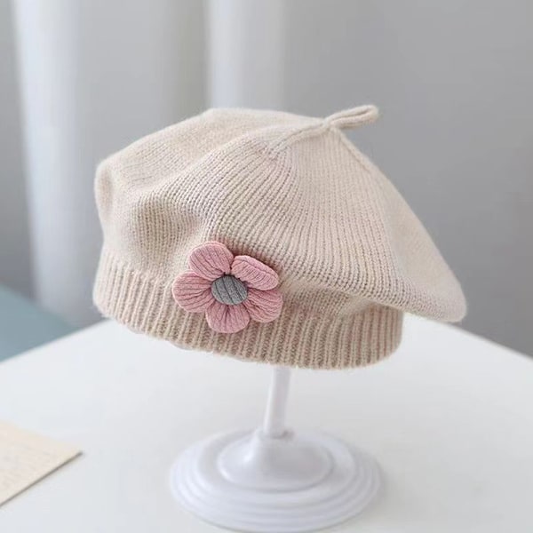 Blomma Baby Basker Hatt Enfärgad Vinter Varm Stickad Mössa Ca GS Beige