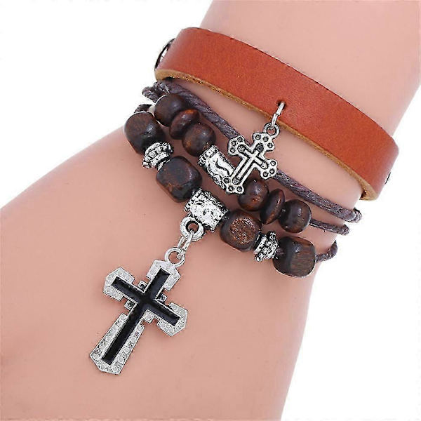 Fashion Christian Cross Läder Armband Med Dragsko Handgjort Justerbart Omlott Armband Manschett För Män Gåvor SL008-D silver