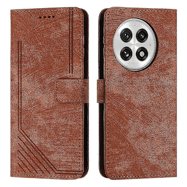OnePlus 13 Läderfodral med Präglade Linjer & Vikbart Ställ Brown