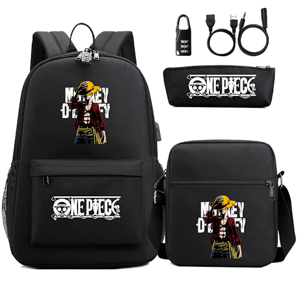 3 st/set One Piece Luffy tryckt set med case Pennfodral Skolväska Resedagsryggsäck Lätta bokväskor GS