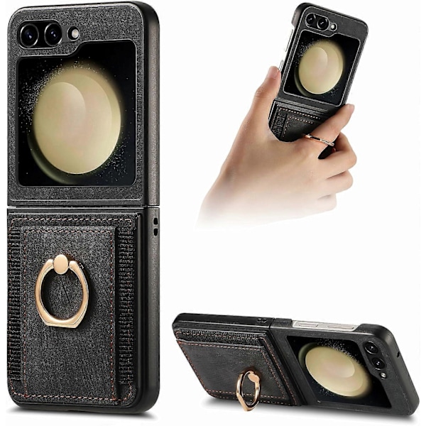 Læder Anti-fald Pung Stødsikkert Kort Slots Etui til Samsung Galaxy Z Flip 6 med Ringholder GS Black
