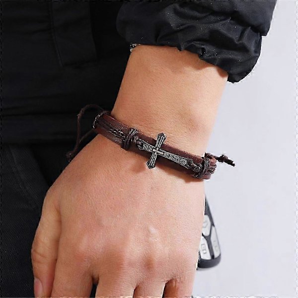 Fashion Christian Cross Läder Armband Med Dragsko Handgjort Justerbart Omlott Armband Manschett För Män Gåvor SL008-D silver