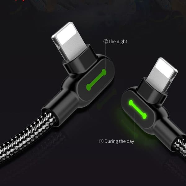 Mcdodo CA-4673 Retvinklet Lightning (ikke-MFi-certificeret) USB-A datakabel til synkronisering og hurtig opladning, med LED-indikator, sort, 1,8 meter.