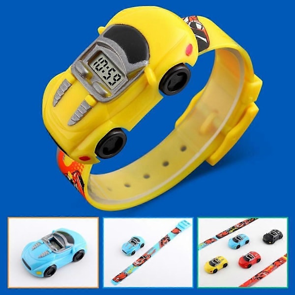 Tecknad Bil Barnklocka för Pojke Mode Elektroniska Klockor Barn Present GS Yellow