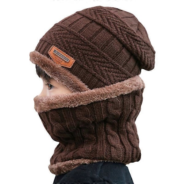 Barn Pojkar Flickor Fleecefodrad Mössa Cirkelscarf Set Stickad Mössa Khaki