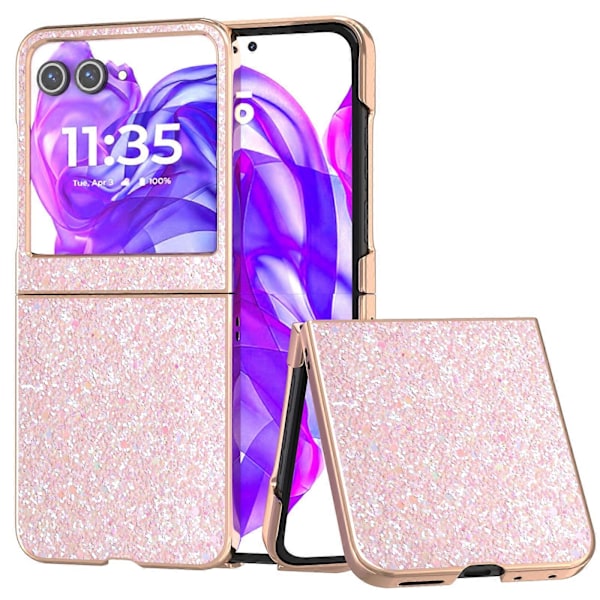Mobilskal för Motorola Razr 50 5G, Galvaniserat, Färgglad Glitterdesign, PU+TPU Skyddande Skal GS Peach Pink