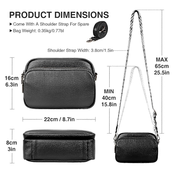 Axelväska i Läder Dam Svart Crossbody Väska Dam Bred Rem Liten Axelväska Dam med 2 Breda Axelremmar Crossbag Axelväska Dam GS