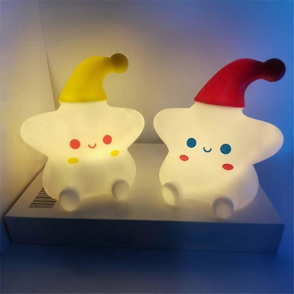 Liten Röd och Gul Hatt Stjärna Bordslampa Sänglampa Nattlampa Söt Rolig Ögonskydd Sovlampa Sovrumslampa Batteri red