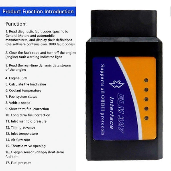 Bluetooth ELM327 OBD2 Scanner V1.5 - Bildiagnoseværktøj til Android/IOS, læs/slet koder, realtidsdata, understøtter alle OBDII-protokoller