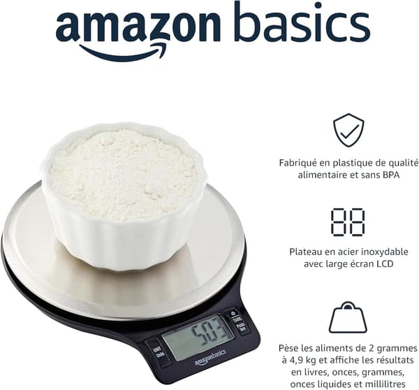 Amazon Basics Digitale køkkenvægte, BPA-fri, rustfrit stål med LCD-display (batterier inkluderet), sort