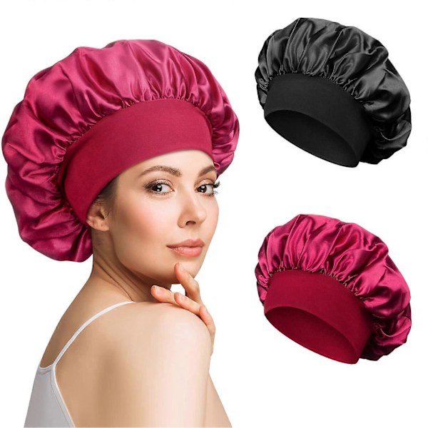 2-pack Sovmössa Satin Bonnet Natthuva Justerbar Sovmössa Huvudbonad Mjuk Huvudmössa Siden med Elastiskt Band för Kvinnor och Flickor (Svart, Röd)