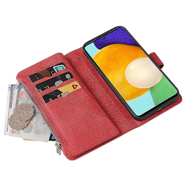 WXH Yhteensopiva Samsung Galaxy A52 5G/A52S PU-nahkainen magneettisella sulkimella varustettu viidentoista korttipaikan vetoketjullinen puhelinkotelo Red