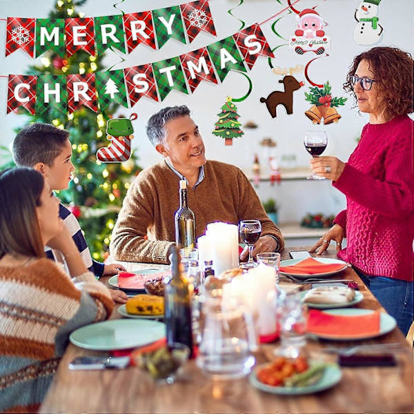 God Jul Banner, Röd Grön Rutig Julbanner med Spiralband Inomhus Julskyltar Jul
