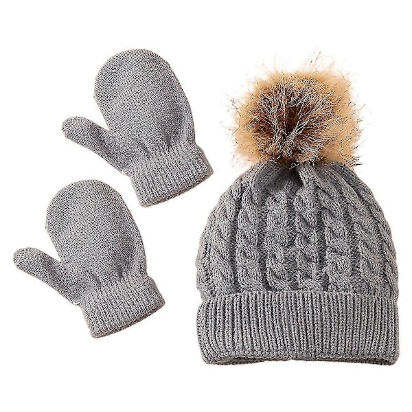 Vinter Varm Baby Enfärgad Mössa Handskar Set Pälsboll Mössor Hatt Vante Kit Barn Stickad Fåll Hatt Gray