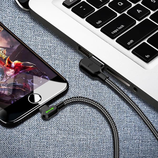 Mcdodo CA-4673 Rätvinklig Lightning (ej MFi-certifierad) USB-A datakabel för synkronisering och snabbladdning, med LED-indikator, svart, 1,8 meter.