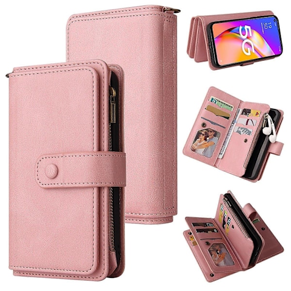 Kompatibel med OPPO A93 5G/A74 5G/A54 5G PU Læder Magnetisk Lukning Femten Kortpladser Lynlås Lomme Telefon Cover GS Pink