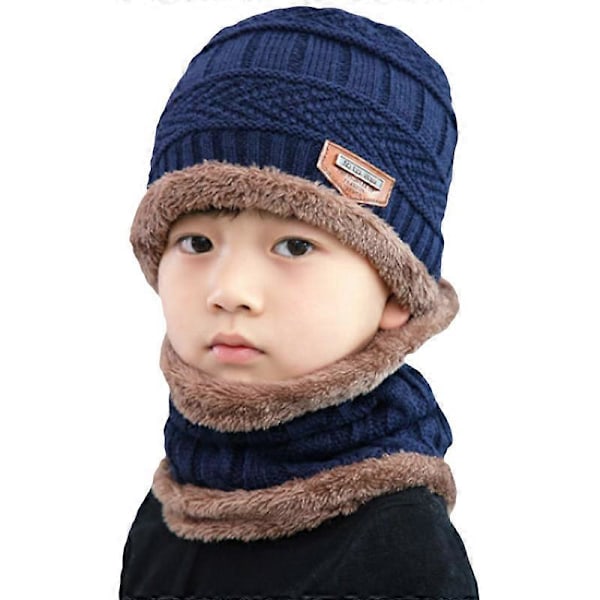 Barn Pojkar Flickor Fleecefodrad Mössa Cirkelscarf Set Stickad Mössa Navy