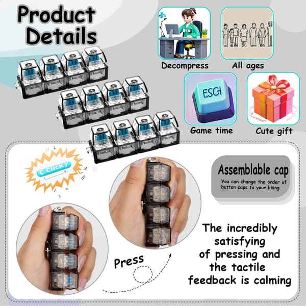 Tangentbords-fidget-nyckelring, 3-pack 4-i-1 klicker, fingerdekompression, stresslindring, Alla hjärtans dag-present, bärbar tyst, barn kvinnor Black cod