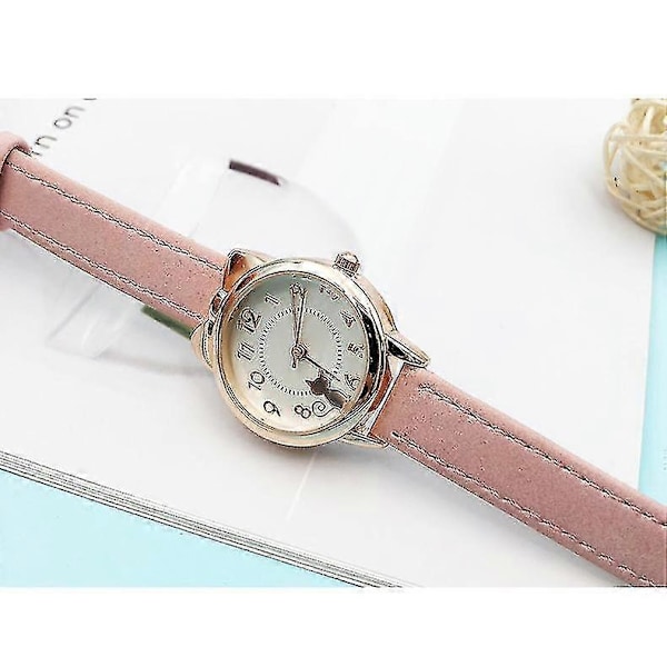 Barnklockor Söt Kattdesign Kvarts Armbandsur Läderrem Analog Kvarts Armbandsur För Flickor Studenter GS