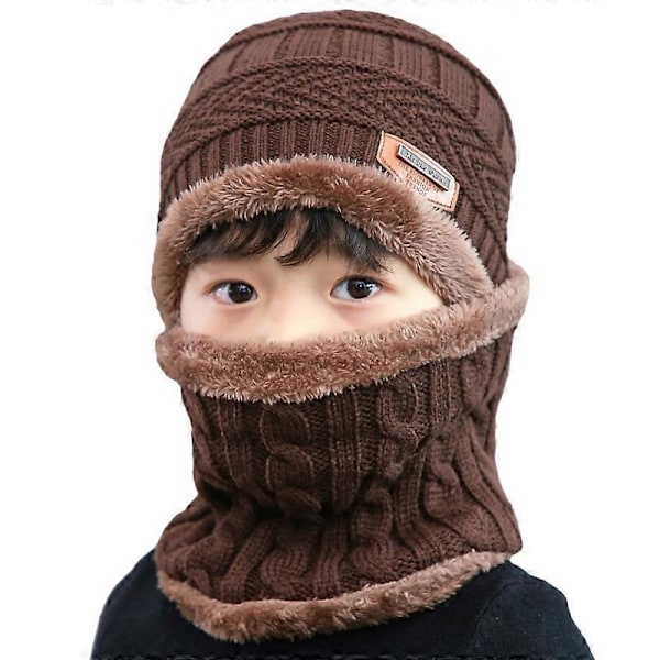 Barn Pojkar Flickor Fleecefodrad Mössa Cirkelscarf Set Stickad Mössa Khaki