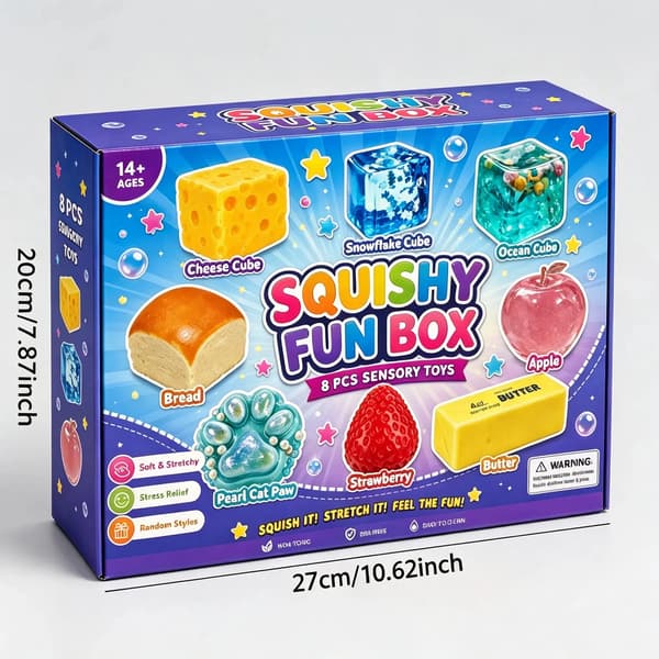 8-delt sett Mystery Squishy Box, Blind Box Malt Sukker Stressavlastningsleker, Sensor