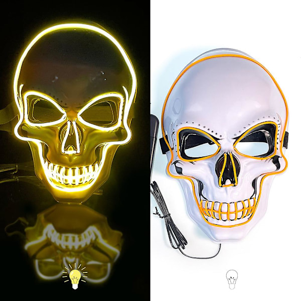 JUSCH Halloween-naamio Haamu Pää Klovni Kylmävalo LED Loistava Kallo Naamio naamiaisiin, syntymäpäiväjuhliin (keltainen valo)