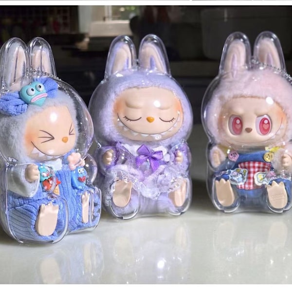 Labubu blind box väska andra generationen transparent sittande fest original docka display dammskyddande förvaringsväska
