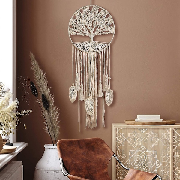 Livets Træ Stor Drømmefanger, Vægophængt Drømmefanger Med Fjerblad Vævet Boho Drømmefangere Til Hjem Soveværelse Børneværelse Vuggestue Hippie Bryllup
