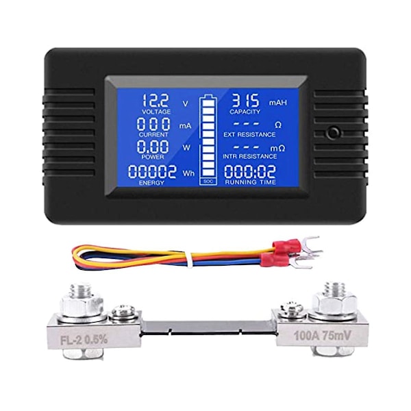 DC Batteriövervakare Effektmätare Amperemeter Digital DC 0-200V Shunt 100A Multimeter, Mätare Voltmeter Kapacitet